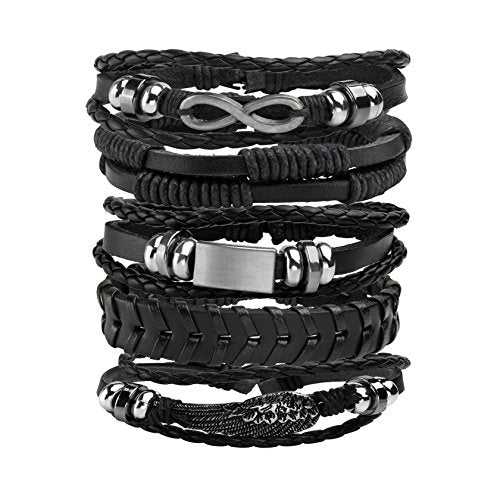 5 Pcs Braided Leather Bracelets for Men Women Woven Cuff Bracelet Adjustable - color: Black