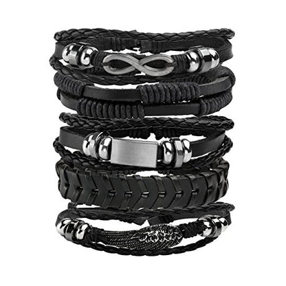 5 Pcs Braided Leather Bracelets for Men Women Woven Cuff Bracelet Adjustable - color: Black