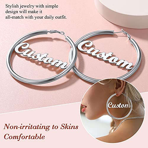 FindChic Hoop Earrings for Women, Silver/Black/14K Gold Plated Hypoallergenic Hollow Round Tube Loop Earrings, 20mm/30mm/40mm/60mm/80mm Chunky Hoops with Custom Name Options & Gift Box - color: e.Silver (Custom Name), size: 80MM