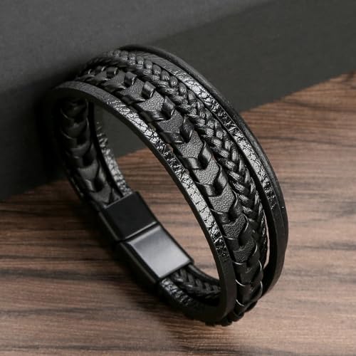 Mens Leather Bracelet Multi-Layer Braided Bracelet Wristband Father's Day Birthday Jewelry Gifts 8.5" Classic Bracelet with Stainless Steel Buckle - color: black