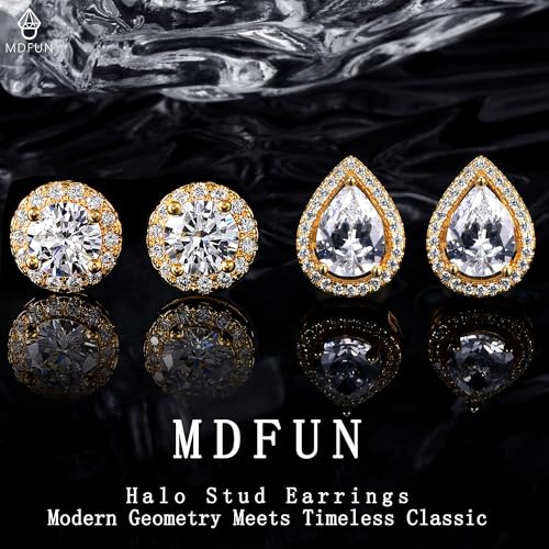 MDFUN Halo Stud Earrings 18K Gold Plated Round/Square/Heart/Teardrop Cubic Zirconia Earrings Set for Women - color: B-Round/Teardrop