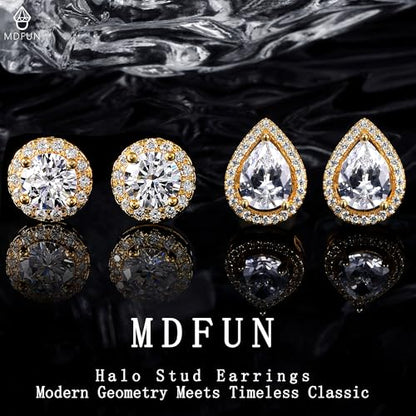 MDFUN Halo Stud Earrings 18K Gold Plated Round/Square/Heart/Teardrop Cubic Zirconia Earrings Set for Women - color: B-Round/Teardrop