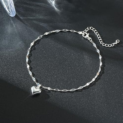 Ritach Gold/Silver Ankle Bracelets for Women 14K Gold Anklets for Women Waterproof Cuban Link Heart Bead Anklets Set Layered Anklet Bracelets for Women Gold Jewelry Gift - color: Silver heart