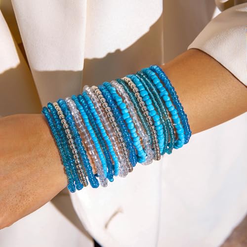 8-20Pcs Colorful Bohemia Seed Beaded Bracelets Handmade Adjustable Stackable Rainbow Beads Stretch Bracelets Anklet Multilayer Vacation Elastic Bangle for Women Summer Beach Boho Jewelry Gift - style: 20pcsA