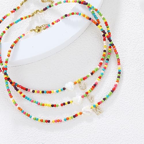 MJartoria Initial Necklaces for Women, Colorful Beaded Necklace, Shell Beach Necklace Letter Choker Handmade Jewelry Gifts - style: U
