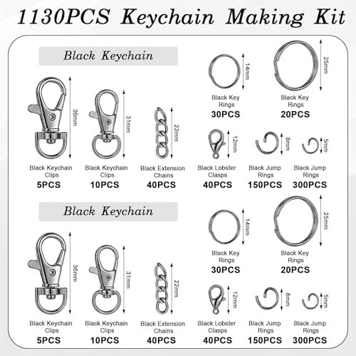 1130PCS Keychain Making Kit Jump Rings for Jewelry DIY Key Chain Supplies with Keyrings Bulk, Metal Lobster Claw Clasp, Swivel Snap Hook, Extender Chain for Crafts Accessories（Black） - color: Black