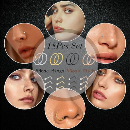 22G 18Pcs G23 Titanium Nose Rings Hoops for Sensitive Skin Double Nose Rings L Shaped Nose Studs Hypoallergenic Nose Piercings Jewelry - color: Silver+Rose gold+Black
