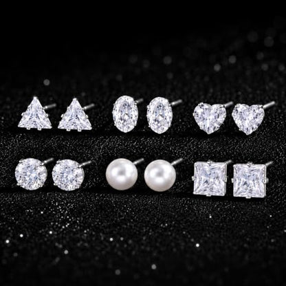 KISS WIFE CZ Stud Earrings Set for Women, Cubic Zirconia Stud Earrings in Multiple Sizes, Triangle Oval Heart Round Pearl Square Earrings, Hypoallergenic Silver Stud Earrings for Cartilage Piercing Jewelry - style: Triangle + Oval + Heart + Round + Pearl
