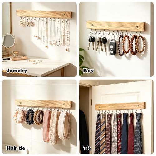 Rainmae 3 PCS Necklace Holder Jewelry Organizer Hanger with 39 Hooks Wooden Wall Mounted Jewelry Storage Holder for Necklaces Earrings and Bracelets Decorative Display Rack for Closet Bedroom