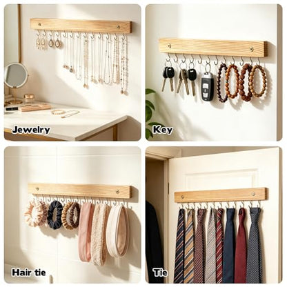 Rainmae 3 PCS Necklace Holder Jewelry Organizer Hanger with 39 Hooks Wooden Wall Mounted Jewelry Storage Holder for Necklaces Earrings and Bracelets Decorative Display Rack for Closet Bedroom
