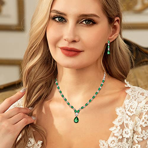 EVER FAITH Pear Shaped Cubic Zirconia Bridal Wedding Jewelry Set for Women | Gorgeous Water Drop Bride Necklace Dangle Earrings, for Bride Bridesmaid - color: Green