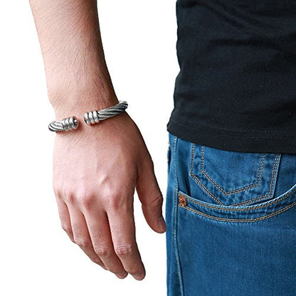 COOLSTEELANDBEYOND Large Elastic Adjustable Steel Twisted Wire Cuff Bangle Bracelet for Men Women - color: A-Metal Color: Silver