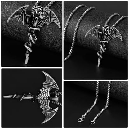 Stainless Steel Gothic Y2K Punk Rock Emo Biker Pendant Necklace | Cosplay Vintage Viking Alt Edgy Fashion Charm Necklace Jewelry for Men Women Active Daily Wear - style: Winged Dragon Sword
