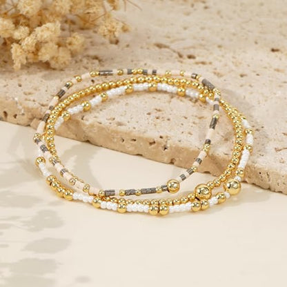 Gold Beaded Bracelet Stack for Women Colorful Small Seed Beads Bracelets Set Boho 14K Gold Plated Ball Stackable Stretch Non-Tarnish Dainty Jewelry Trendy Accessory Friendship Gift - color: khaki and white