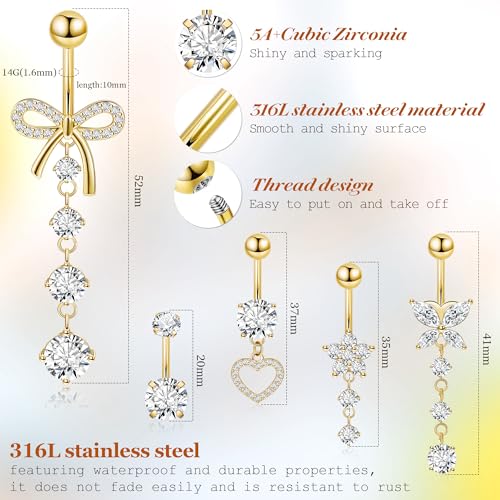 REVOLIA 5Pcs 14G 316L Stainless Steel Dangle Belly Button Rings Heart Flower Dangling Navel Ring Cute Bow Butterfly Belly Ring Sparkling CZ Belly Piercing Jewelry 10MM Gold