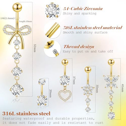 REVOLIA 5Pcs 14G 316L Stainless Steel Dangle Belly Button Rings Heart Flower Dangling Navel Ring Cute Bow Butterfly Belly Ring Sparkling CZ Belly Piercing Jewelry 10MM Gold