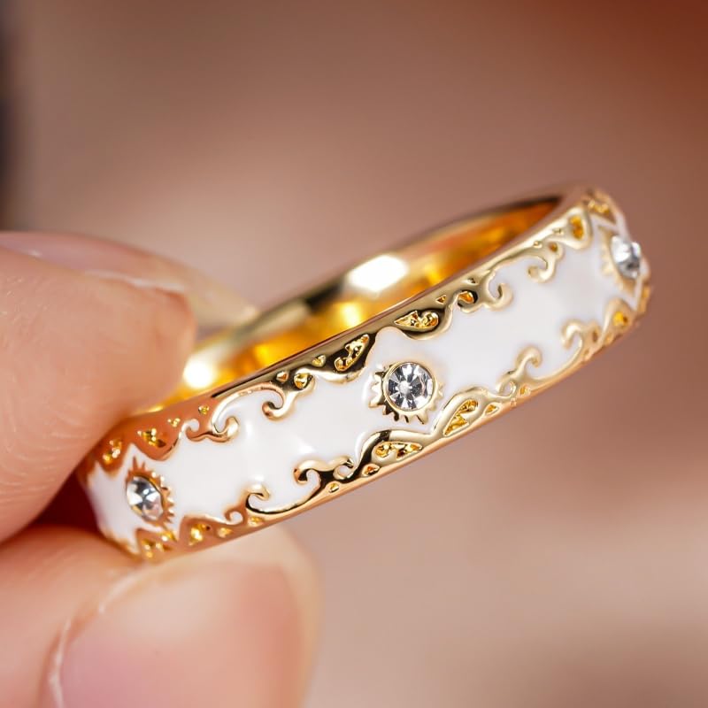 Exquisite Elegant Inlay Zirconia Enamel Golden Wide Rings for Women Daily Wedding Banquet Luxury Jewelry (No Boxes) - color: golden, size: 10