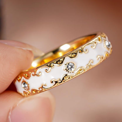 Exquisite Elegant Inlay Zirconia Enamel Golden Wide Rings for Women Daily Wedding Banquet Luxury Jewelry (No Boxes) - color: golden, size: 10