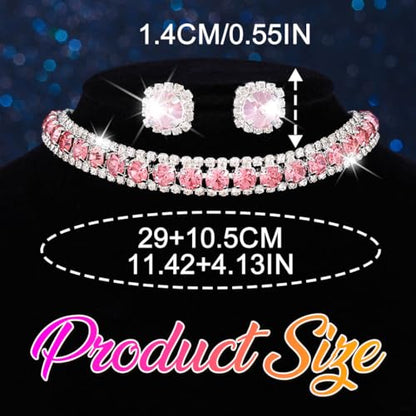 CLOACE Rhinestone Bridal Wedding Jewelry Set Sparkly Chocker Necklaces Earrings Prom Jewelry Accessories for Women - color: Pink