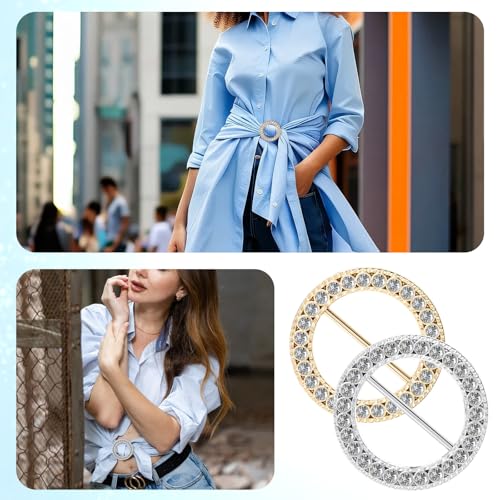 4 PCS Scarf Ring, Rhinestones Scarf Clip Shirt Ties Clips for Women Portable Waist Cinch Buckle Waist Tightener Clip Clothing Accessories for Shawl, Sweater, Dress, Pant (Gold, Silver)