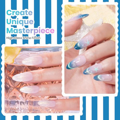 Beetles Blue Gel Nail Polish Set, Summer Voyage Glitter & Cat Eye Effects | 6 Mint Green Gel Polish Colors with Nail Art Stickers&Scrunchie for Soak-Off Uv Manicure Kits And Gifts - color: Shore Light