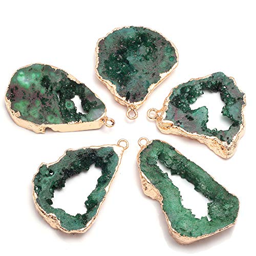 LE SKY natural stone pendant irregular plated gold edge druzy green crystal agate stone pendant for jewelry making DIY necklace charms 25X30-35X45mm (2 Pcs) - color: green