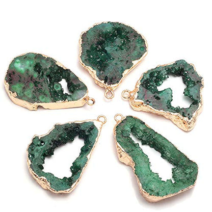 LE SKY natural stone pendant irregular plated gold edge druzy green crystal agate stone pendant for jewelry making DIY necklace charms 25X30-35X45mm (2 Pcs) - color: green