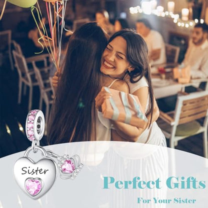 Family Charms for Charms Bracelet: 925 Sterling Silver Heart Dangle Charms for Bracelets and Necklaces, Birthday Mother's Day Christmas Jewelry Gifts For Women. - color: Sister
