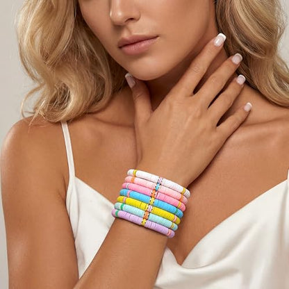 Summer Surfer Heishi Bracelet Set for Women Stackable Gold Plated Clay Ploymer Bead Stretch Pink Beach Layering Bracelets Jewelry - color: B-A5 cross 7pcs