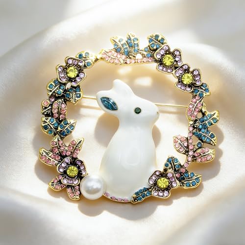 Cute Rabbit Rhinestone Brooch Pin for Women Girls, Fashion Crystal Bunny Animal Wreath Brooch Lapel Pins Dainty Clothes Accessory Jewelry Gift for Easter Day Birthday Party