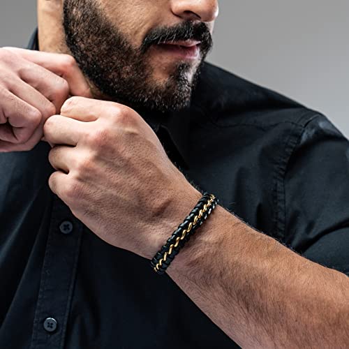 SERASAR Premium Leather Bracelet Men | Stainless Steel Magnetic Clasp | Three Colors | Jewelry Box Included - color: Gold, size: 20cm, style: Joy