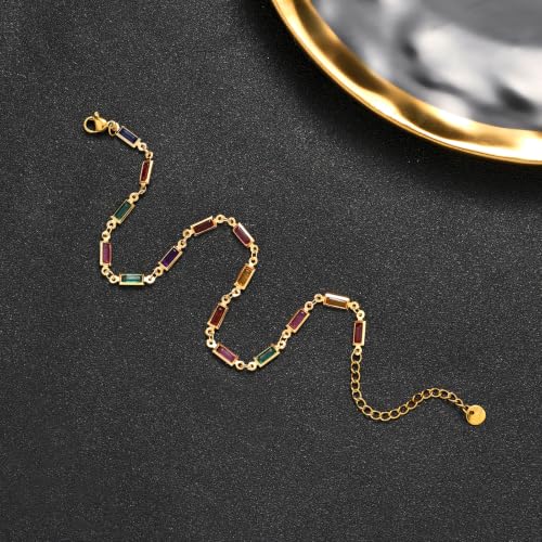 Ankle Bracelets for Women 18K Gold Plated Anklet for Women Gold Charm Anklet Waterproof Summer Beach Foot Chain Jewelry Gifts - style: rectangle colorful cubic zirconia