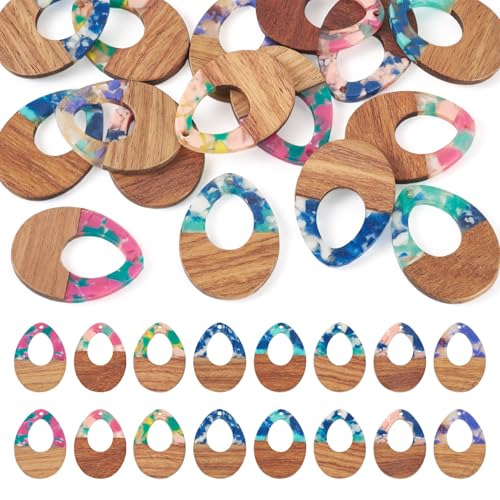 Beadthoven 16pcs/8 Pairs Natural Wood Resin Charms DIY Earrings Pendants Teardrop Geometric Wood Pendants Bohemian Wooden Pieces for Statement Jewelry Making Findings Women Necklaces - color: Chips-Hollow Teadrop