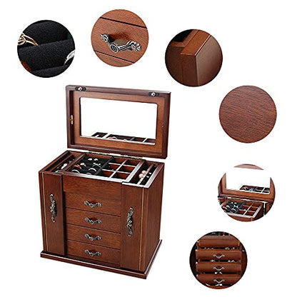Large Wooden Jewelry Box with Built-in Mirror, 5 Drawers Jewelry Case with Side Organizer, Watches Necklace Ring Storage Box for Women