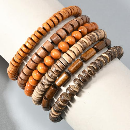 5pcs Wooden Bead Bracelet Set with Charm and Tassel for Men & Women - Stackable Boho Bracelets, Amber Color Scheme Adjustable Bracelet - color: Brown Brown
