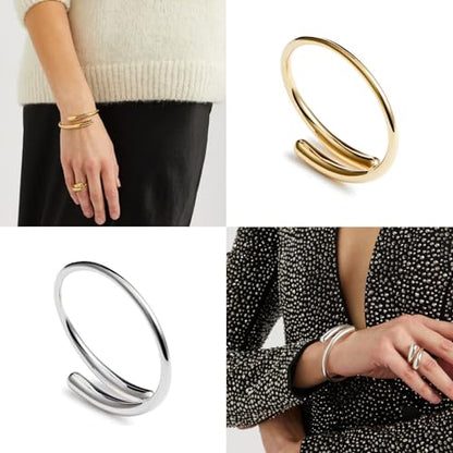 14K Gold Filled Cuff Bnagle Bracelets for Women Bypass Teardrop Adjustable Wrap Open Bracelet Simple Minimalist Statement Stackable Bracelets High Polished Smooth Gold Silver Tone - color: Silver