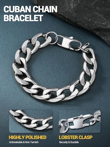 PROSTEEL Bracelets for Men, Figaro/Cuban Mens Bracelet, Silver/Gold/Black | 6/9/13mm Width, 7.5/8.3/9" Length, Stainless Steel Mens Bracelet, Durable & Non Tarnish, Chunky Jewelry with Gift Box - style: G 13mm-Cuban-Silver