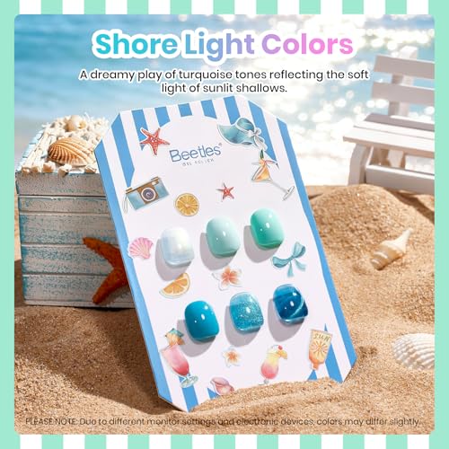 Beetles Blue Gel Nail Polish Set, Summer Voyage Glitter & Cat Eye Effects | 6 Mint Green Gel Polish Colors with Nail Art Stickers&Scrunchie for Soak-Off Uv Manicure Kits And Gifts - color: Shore Light