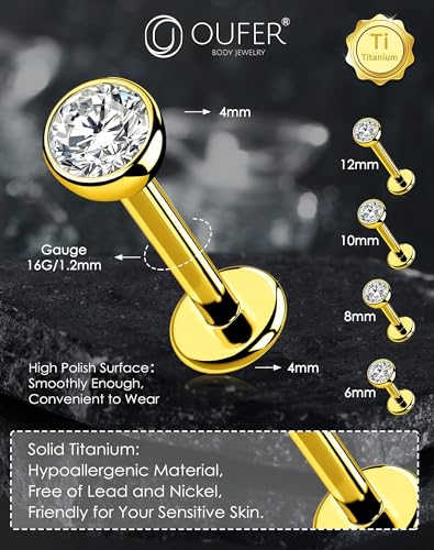 OUFER 2Pcs 20G/18G/16G G23 Titanium Threadless Nose Stud Earrings Flat Back Tiny CZ Small Nose Helix Cartilage Tragus Conch Labret Medusa Monroe Piercing Jewelry for Women Men - color: Gold, size: 1pcs, 16g 10mm, 4mm cz