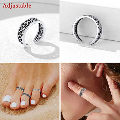 ChicSilver Toe Rings for Women 925 Sterling Silver Adjustable Toe Ring | 925 sterling silver, hypoallergenic for sensitive skin, adjustable open band, summer beach wear gift - color: J: Filigree (1 pc)