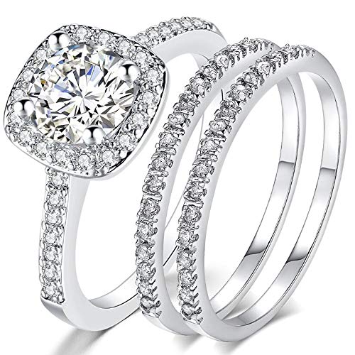 Jude Jewelers Silver Rose Gold Three-in-One Wedding Engagement Bridal Halo Ring Set - color: Silver