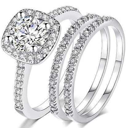 Jude Jewelers Silver Rose Gold Three-in-One Wedding Engagement Bridal Halo Ring Set - color: Silver