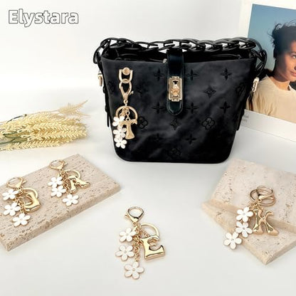 Floral Series Initial Bag Charm, Cute Flower & Bubble Letter Purse Charms, Keychain Accessories Gift for Women - color: White Flower, style: T