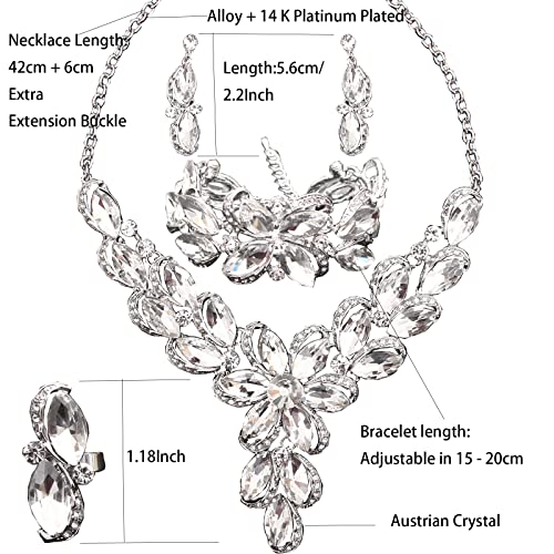 Jewelry Set for Women Rhinestone Austrian Crystal Statement Flower Necklace Link Bangle Bracelet Dangle Earrings Rings Allergy Free Wedding Party Jewelry Set for Bridal Bridesmaid - color: White-Platinum Plated