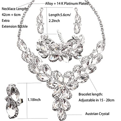 Jewelry Set for Women Rhinestone Austrian Crystal Statement Flower Necklace Link Bangle Bracelet Dangle Earrings Rings Allergy Free Wedding Party Jewelry Set for Bridal Bridesmaid - color: White-Platinum Plated