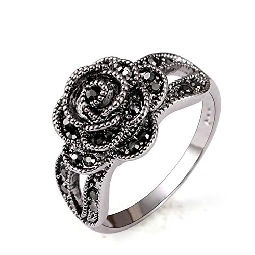 Rhinestone Black Flower Finger Ring For Women Brand Jewelry Vintage Style Size 7-9 - size: 7