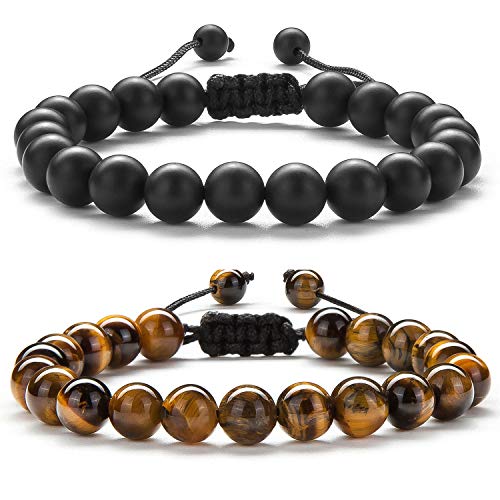 Men Women 8mm Tiger Eye Stone Beads Bracelet - color: Black and Brown