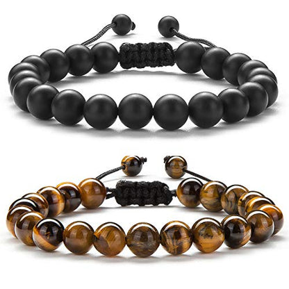 Men Women 8mm Tiger Eye Stone Beads Bracelet - color: Black and Brown