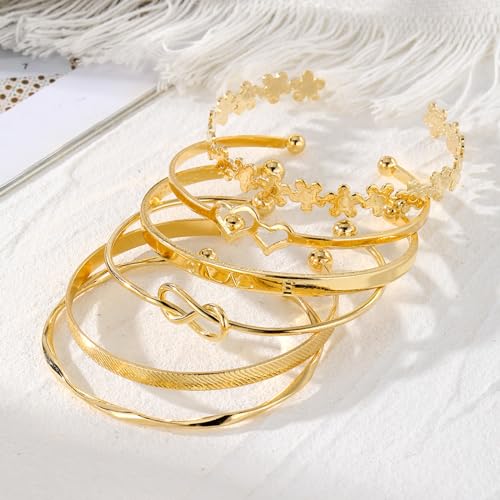 IFKM Gold Bangle Bracelets For Women, 14k Gold Plated Multi Layer Stackable Cuff Bracelet Set, Trendy Elegance Charms Non Tarnish Minimalist Textured Boho Jewelry Gift for Women - style: 6pcs LOVE Flower
