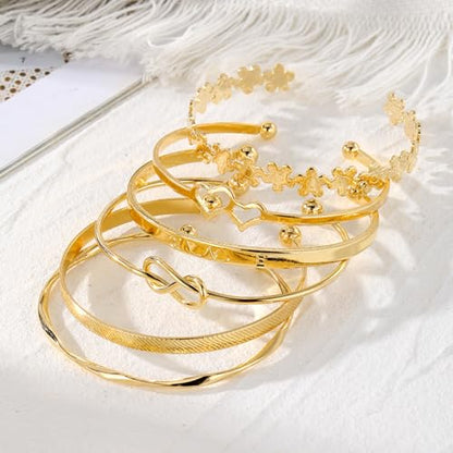 IFKM Gold Bangle Bracelets For Women, 14k Gold Plated Multi Layer Stackable Cuff Bracelet Set, Trendy Elegance Charms Non Tarnish Minimalist Textured Boho Jewelry Gift for Women - style: 6pcs LOVE Flower